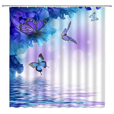 Imagem de Cortina de chuveiro borboleta fantasia flores roxas e azuis borboletas asas sonho água ondulação floral animal lago spa primavera cenário conjunto de decoração de banheiro com ganchos (177.8 cm WX70 H