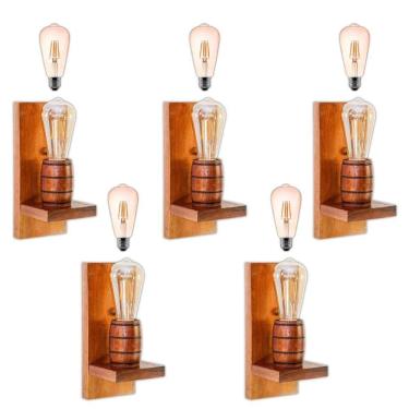 Imagem de Kit 5 Arandelas Barril Delenha Decor Mogno + Lâmpadas