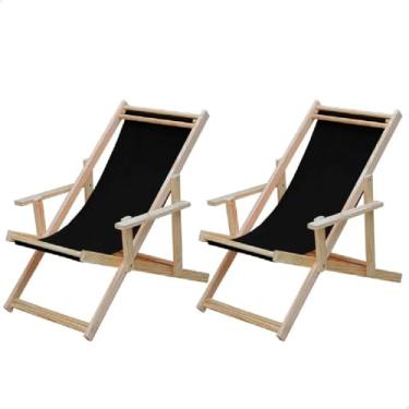 Imagem de Kit 2 Espreguiçadeiras Dobrável para Varanda - Com Braço, Madeira Maciça Natural, Tecido Preto