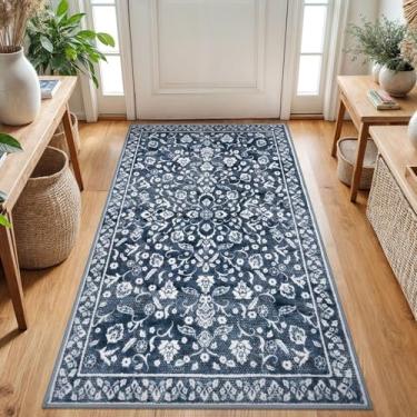 Imagem de SILOLOOM Tapete lavável vintage 7 x 12 cm para entrada, tapete de entrada azul-marinho super macio com antiderrapante, estampa floral de lã sintética 3x5, tapete fino para cozinha, quarto, sala de