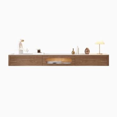 Imagem de Suporte de TV flutuante para console de mídia flutuante, armário de TV de madeira montado na parede com 2 gavetas e mesa de ardósia, suporte de televisão flutuante LED para centro de entretenimento