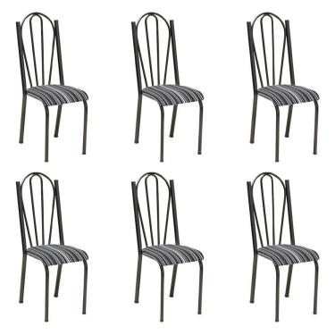 Imagem de Kit 6 Cadeiras de Cozinha Alasca Estampado Preto Listrado Pés de Ferro Cromo Preto - Pallazio