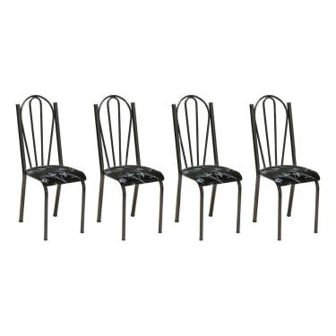 Imagem de Kit 4 Cadeiras de Cozinha Alasca Estampado Preto Florido Pés de Ferro Cromo Preto - Pallazio