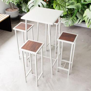 Imagem de Conjunto Mesa Alta Bar Bistrô Branca 4 Bancos Imbuia Botequim Industri