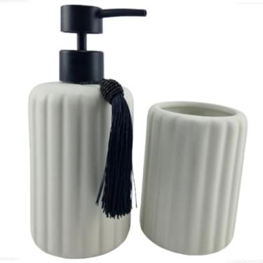 Imagem de Conjunto para Banheiro em Cerâmica Premium Dispenser Pump + Copo Organizador Kit Luxo Minimalista Dispenser Jogo de Acessórios para Banheiro Dispenser 290ml Copo de Cerâmica Resistente - Naneh Decor®