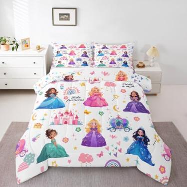 Imagem de jejeloiu Jogo de cama casal de princesa, castelo, para crianças, adolescentes, adultos, fadas, sonhadores, arco-íris, decoração de quarto, 3 peças com 2 fronhas, macio para todas as estações