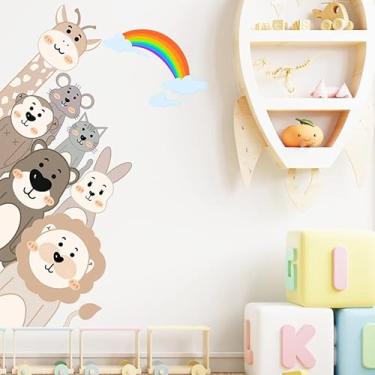 Imagem de ZARROUEA Adesivos de parede de porta de animais selvagens safári leão girafa urso macaco arco-íris adesivos de parede murais descascar e colar removível quarto de crianças quarto de criança decoração