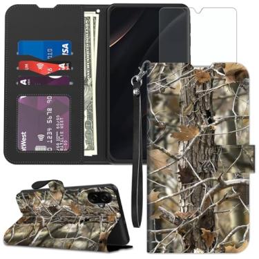 Imagem de Capa carteira para Samsung Galaxy A07 com protetor de tela, porta-cartão de crédito com bloqueio de RFID, capa protetora de couro PU flip à prova de choque para Samsung A07, madeira camuflada