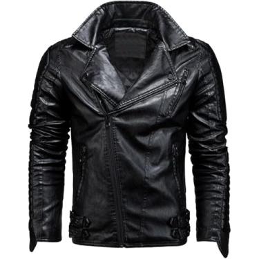 Imagem de Jaqueta De Couro Pu Falso Masculina Casual Jaqueta De Motocicleta De Couro Sintético Casaco De Agasalhos Com Bolsos Com Zíper Casual Vintage Quente Inverno, Black, 3XL