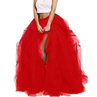 Imagem de Mulheres Longa Saia De Tule Cintura Alta Em Camadas Meia Saia Puff Malha Frente Dividida Linha A Saia Princesa, 01 Rose Red, One Size