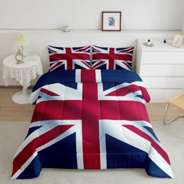 Imagem de Erosebridal Conjunto de edredom de tamanho casal Union Jack, retrô com bandeira do Reino Unido, leve, para crianças, meninos e meninas, vintage de Londres, conjunto de edredom respirável para quarto,