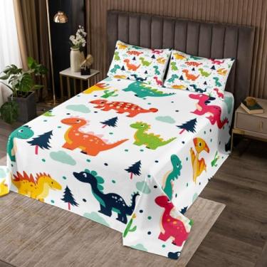 Imagem de Conjunto de colcha infantil com desenho animado de dinossauro, aquarela de animais selvagens, macio, acolchoado Kawaii, com estampa de nuvem de pinheiro e 1 fronha, tamanho solteiro