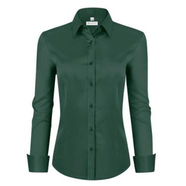 Imagem de Camisa social feminina siliteelon de manga comprida com botão verde es