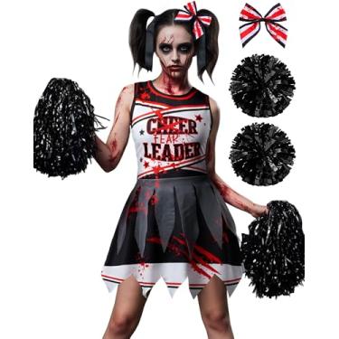 Imagem de JenPen Scary Halloween Cheerleader Outfit for Girls Bloody Cheerleader Costume Bow for Dress up Cosplay Party(7-9 Years,White Gauze)