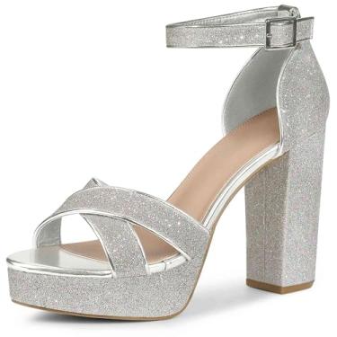 Imagem de Perphy Sandálias femininas de salto grosso com tiras cruzadas e salto plataforma com glitter, Prata, 41