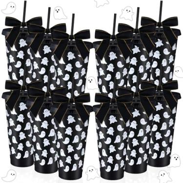 Imagem de SiliFine 12 conjuntos de copos fantasmas de Halloween a granel 680 g reutilizável fofo assustador copo de plástico com tampa de palha e laço lembrancinha de festa fantasma para Little Boo suprimentos