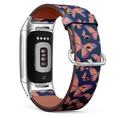 Imagem de MRAKPLGE Pulseira de relógio, padrão borboleta, compatível com Fitbit Charge 6/Fitbit Charge 5, pulseira de couro vegano de substituição, pulseira, pulseira para homens e mulheres