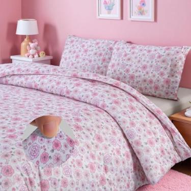 Imagem de MAG 3 peças de edredom de malha de microfibra completo, conjunto de cama floral rosa, estampa de flores estilo jardim, todas as estações, com 1 edredom floral tamanho casal + 2 fronhas para crianças