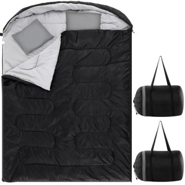 Imagem de Tranqun Pacote com 2 sacos de dormir duplos para adultos, tamanho Queen, saco de dormir para duas pessoas com travesseiro, impermeável, tecido de algodão para 3 estações para caminhadas, mochilão