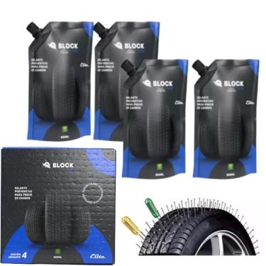 Imagem de Kit Elite 4 Selantes Cola Vedante Preventivo Contra Furos Pneus 800Ml Block Car Elite Azul Vam Pick Up Utilitarios