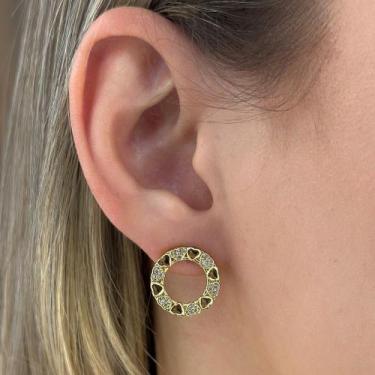 Imagem de Brinco Círculo Corações Liso Cravejado Zircônias Banhado em Ouro 18k -
