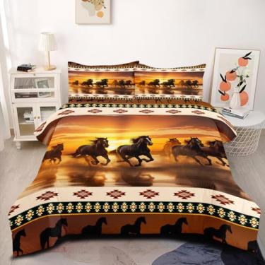 Imagem de CCoutueChen Conjunto de edredom solteiro asteca, estampa de cavalo tribal, para meninos e crianças, cama de microfibra quente com 1 fronha/68 x 86