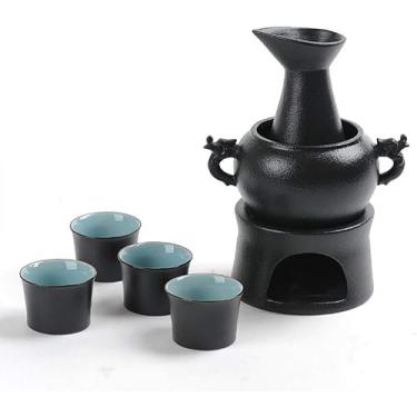 Imagem de P9IDEDFH Conjunto de 7 peças de copos de vinho de esmalte preto com aquecedor e fogão a velas, textura pitoresca, ciano, parede interna para frio/quente/saquê quente/shochu/utensílios de mesa de chá