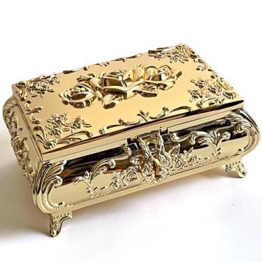 Imagem de KiteStar Baú de joias vintage retangular, caixa de joias de metal rosa em relevo, pulseira, colar, brincos, anel de armazenamento para mulheres (dourado, grande)