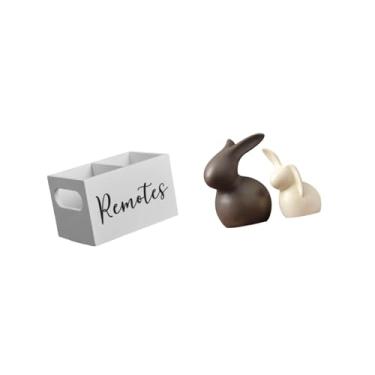 Imagem de Fenteer Conjunto de Organizador de Controle Remoto de Madeira Retrô E Estátua de de Cerâmica para Mesa de Cabeceira, Sofá, Suporte de TV, Escritório, D