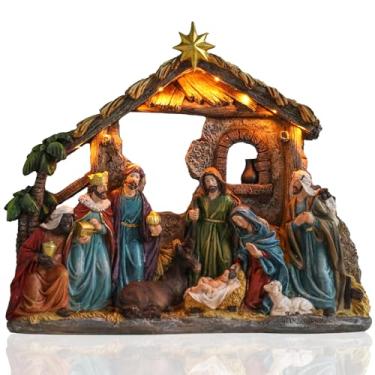 Imagem de Yinns Presépio de Natal, presépio interno, presépio de manjedoura, conjunto de figuras de presépio de família sagrada, decoração de mesa de Natal