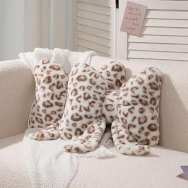 Imagem de GKWW Travesseiro de pelúcia com estampa de leopardo, laço peludo, flor fofa, almofada de pelúcia guepardo, decoração de casa, laço de pelúcia para cama, sofá, decoração de sala de estar (branco-A