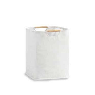 Imagem de Cesto de roupa suja dobrável com alças de madeira – cesto de armazenamento de tecido Oxford impermeável de capacidade de 36 litros, independente sem moldura de arame, para dormitório, quarto, banheiro