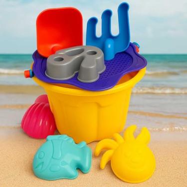 Imagem de Kit Baldinho de Praia de Brinquedo com 7 Peças - Diversão na Areia com Moldes, Pá, Rastelo e Muito Mais(Amarelo).