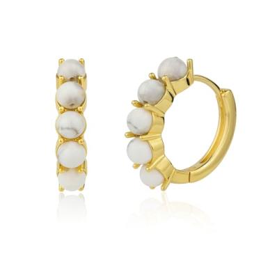 Imagem de TaYolnFaSo Brincos delicados de argola de pérola de pedra natural banhado a ouro real 14k 18 mm brinco de argola redonda de cobre água-marinha/turquesa/pérola presente ou feminino, Banhado a ouro 14k