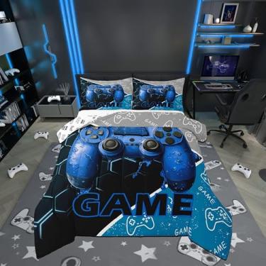 Imagem de Conjunto de edredom para jogos, tamanho solteiro, consoles de videogame, azul e gamepad, reversível, para quarto de adolescentes, geométrico, colmeia de gamer, conjunto de edredom acolchoado com 1