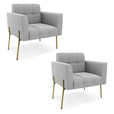 Imagem de Poltrona Pé de Ferro Dourado para Sala Kit 2 Elisa Suede Cinza D03 - D'Rossi