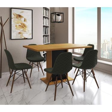 Imagem de Mesa Jantar Londres Retangular Canela 137X90 Base Preta 6 Cadeiras Estofadas Verde Madeira