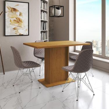 Imagem de Mesa Jantar Londres Tampo Canela 120Cm 4 Cadeiras Ferro Branco Estofado Nude Médio