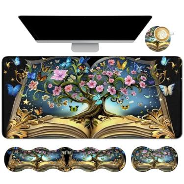 Imagem de Dikoer 4 peças de almofada de espuma de memória para descanso de pulso + tapete de mesa de jogos 80 cm * 30 cm + almofada de pulso de mouse + conjunto de porta-copos, protetor de mesa antiderrapante