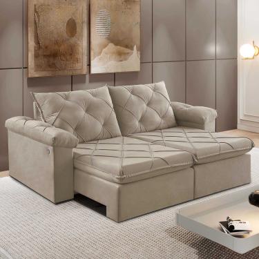Imagem de Sofá Retrátil E Reclinável Corniso 2,94m Veludo Cor Bege 2137 Usb Com Kit Usb