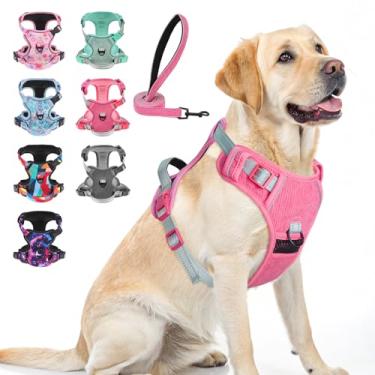 Imagem de BEAUTYZOO Peitoral para cães grande, ajustável e conjunto de coleira para cães – Fácil de usar com 3 fivelas/alça de controle, colete refletivo macio acolchoado para treinamento, caminhada, rosa, G