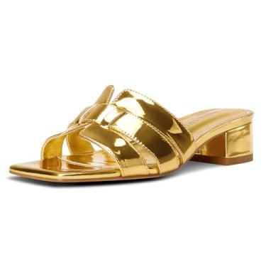 Imagem de TNYNFBEB Sandália feminina de salto baixo com salto grosso, bico quadrado aberto, mules, slingback, sem cadarço, vestido de festa, básico, clássico, salto de 3,5 cm, Dourado, 40