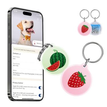 Imagem de [Pacote com 2] Etiquetas de identificação de animais de estimação com código QR para cães e gatos – designs de frutas fofas, etiquetas inteligentes à prova d'água personalizadas, digitalize QR para