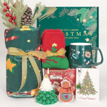 Imagem de Cesta de presente de Natal para mulheres 2025 | Caixa de presente de Natal para amigos, familiares | Conjunto de presente de Natal com cobertor de Natal, caneca de Papai Noel, meias | Presente de