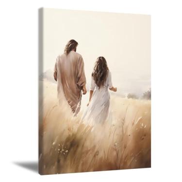 Imagem de Arte de parede em tela cristã Jesus andando com uma mulher imagens decoração de parede igreja sala de oração decoração de casa pôster impressão de pintura Jesus cristão espiritual, arte em tela