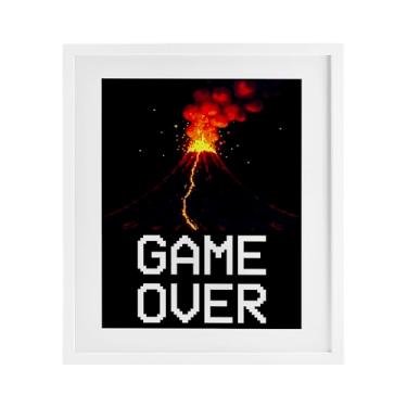 Imagem de Stupell Industries Pixel Volcano Game Over White Impressão emoldurada sob vidro, design de Kim Allen, 53 x 43 cm