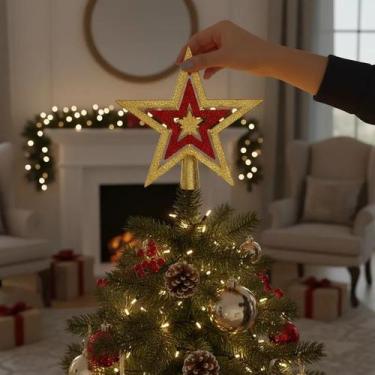 Imagem de Ponteira Estrela Dourada E Vermelha Para Árvore de Natal - Top Natal