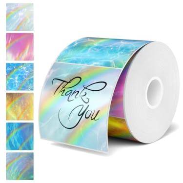 Imagem de Etiquetas adesivas térmicas quadradas holográficas de 5 cm, 300 etiquetas - acabamento com glitter arco-íris, etiqueta à prova d'água e resistente a rasgos, etiqueta removível sem resíduo para