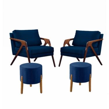 Imagem de Conj. 2 Mona Com 2 Puff Madeira Maciça Veludo Cor:azul
