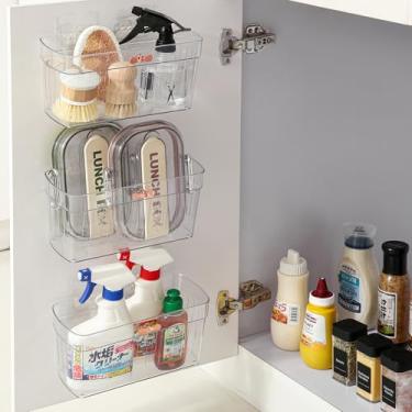 Imagem de Pacote com 3 organizadores de porta de armário adesivos, organizador de cozinha embaixo da pia, caixas de armazenamento de plástico transparente para despensa, cesta de armazenamento de papel de